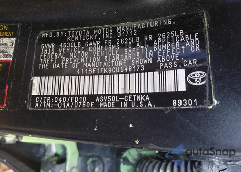 2012 Toyota Camry Base from USA, damaged, VIN 4T1BF1FK9CU548173